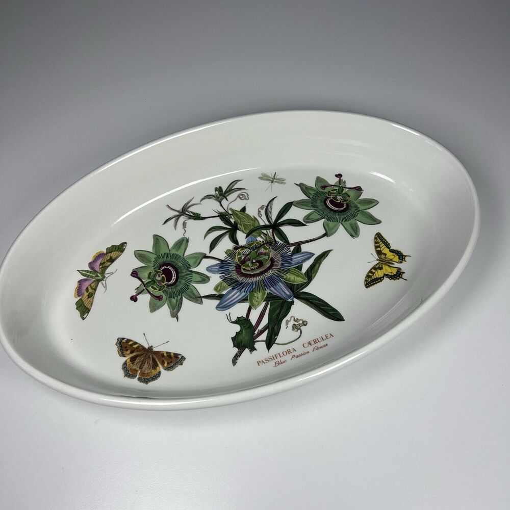 Vtg Portmeirion Botanic Garden Blue Passion Flower Oval Casserole Dish 14x9